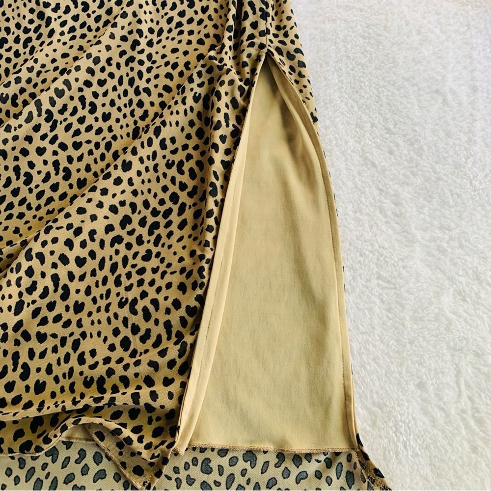 Cheetah Leopard Print Side Slit Tan & Black Stretchy Bodycon Midi Skirt | Large - Picture 2 of 6